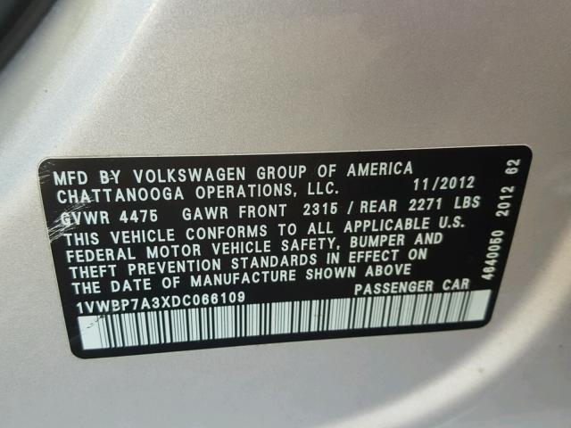 1VWBP7A3XDC066109 - 2013 VOLKSWAGEN PASSAT SE SILVER photo 10