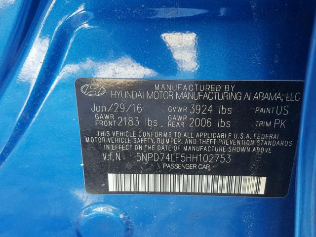 5NPD74LF5HH102753 - 2017 HYUNDAI ELANTRA SE BLUE photo 10