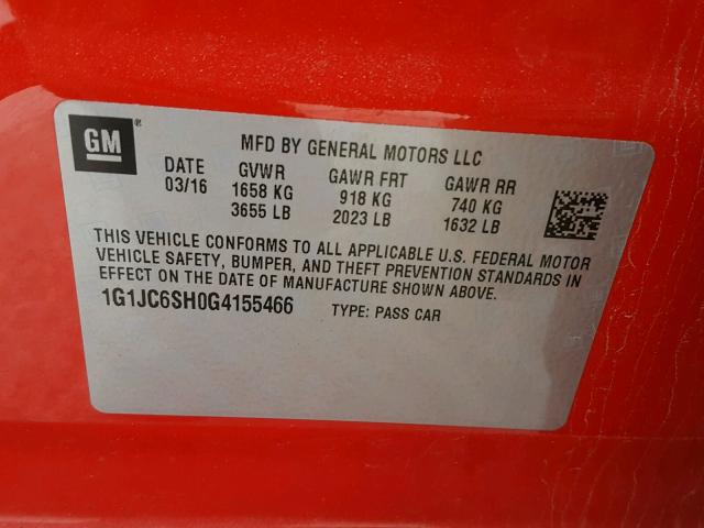 1G1JC6SH0G4155466 - 2016 CHEVROLET SONIC LT RED photo 10