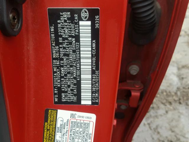 4T1BE46K57U045122 - 2007 TOYOTA CAMRY NEW RED photo 10