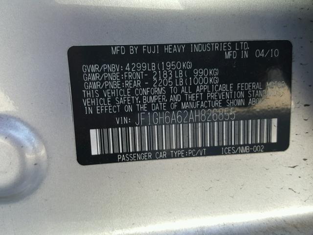 JF1GH6A62AH826855 - 2010 SUBARU IMPREZA 2. SILVER photo 10