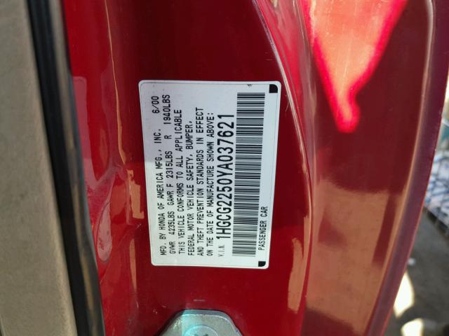 1HGCG2250YA037621 - 2000 HONDA ACCORD EX RED photo 10