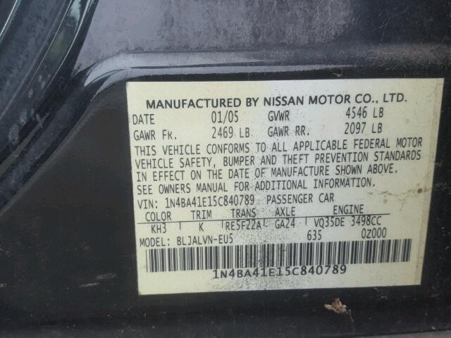 1N4BA41E15C840789 - 2005 NISSAN MAXIMA SE BLACK photo 10