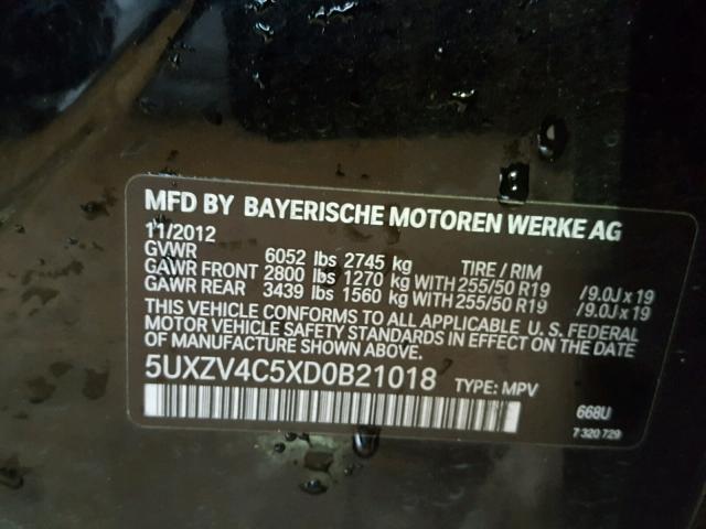 5UXZV4C5XD0B21018 - 2013 BMW X5 XDRIVE3 BLACK photo 10