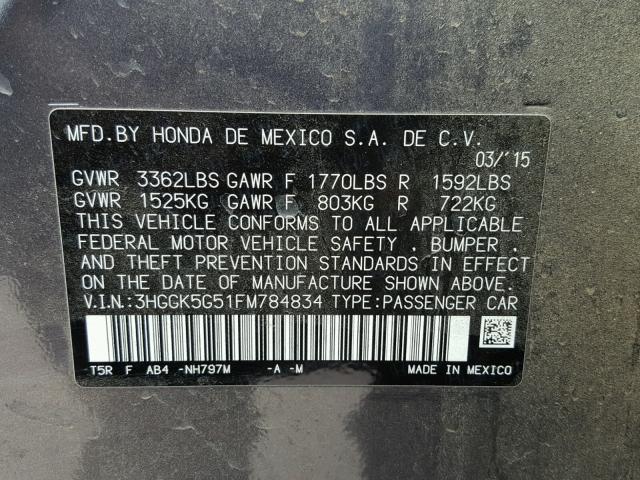 3HGGK5G51FM784834 - 2015 HONDA FIT LX Сірий фото 10