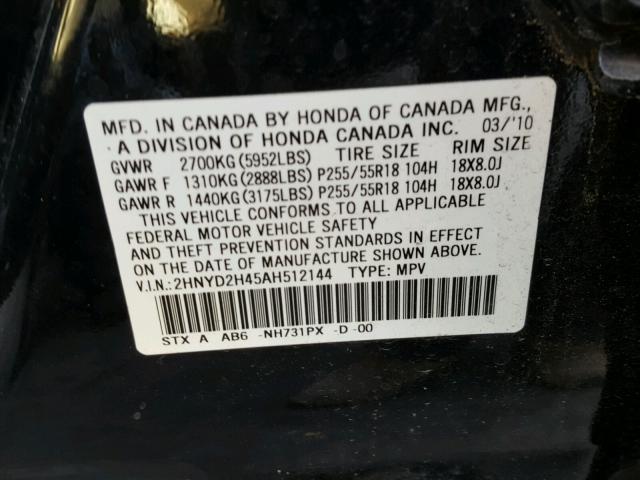 2HNYD2H45AH512144 - 2010 ACURA MDX TECHNO BLACK photo 10