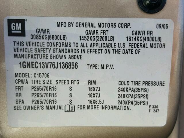 1GNEC13V76J136856 - 2006 CHEVROLET TAHOE C150 TAN photo 10