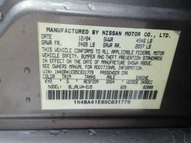 1N4BA41E85C831779 - 2005 NISSAN MAXIMA SE GRAY photo 10