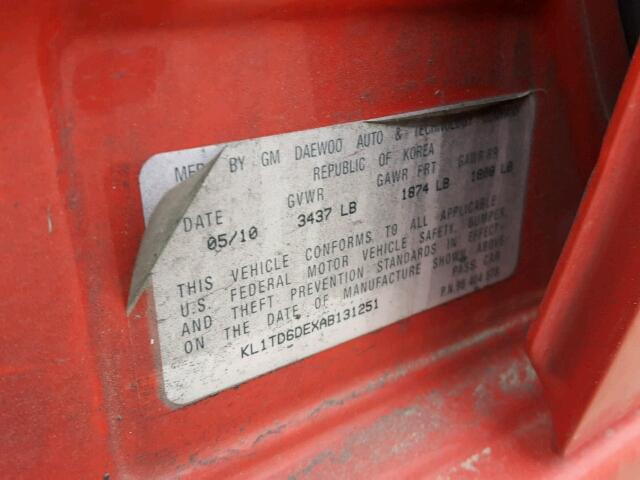 KL1TD6DEXAB131251 - 2010 CHEVROLET AVEO LS RED photo 10