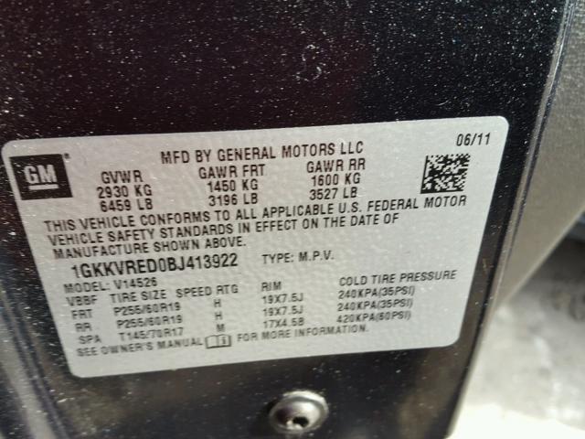 1GKKVRED0BJ413922 - 2011 GMC ACADIA SLT ლურჯი ფოტო 10