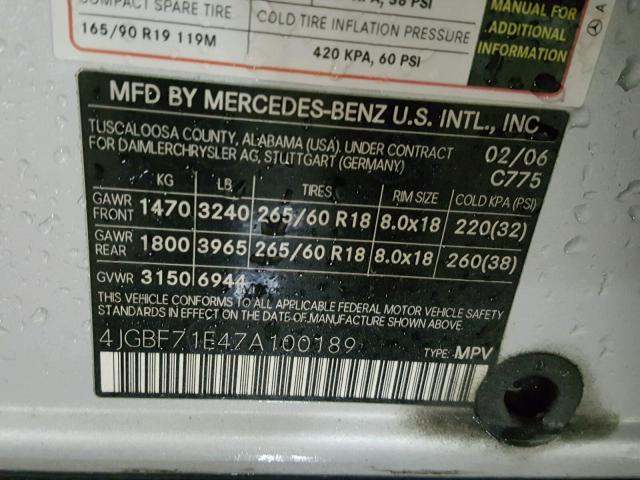 4JGBF71E47A100189 - 2007 MERCEDES-BENZ GL 450 4MA SILVER photo 10