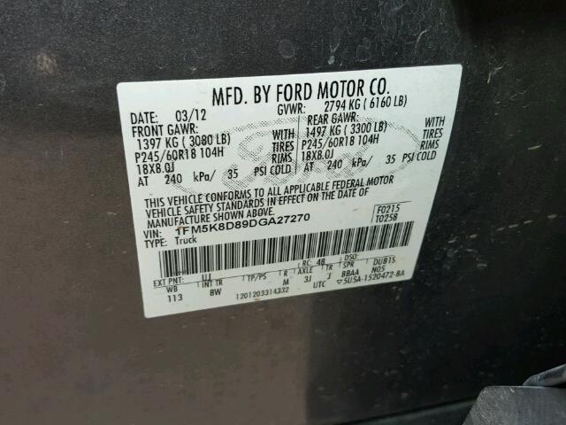 1FM5K8D89DGA27270 - 2013 FORD EXPLORER X GRAY photo 10