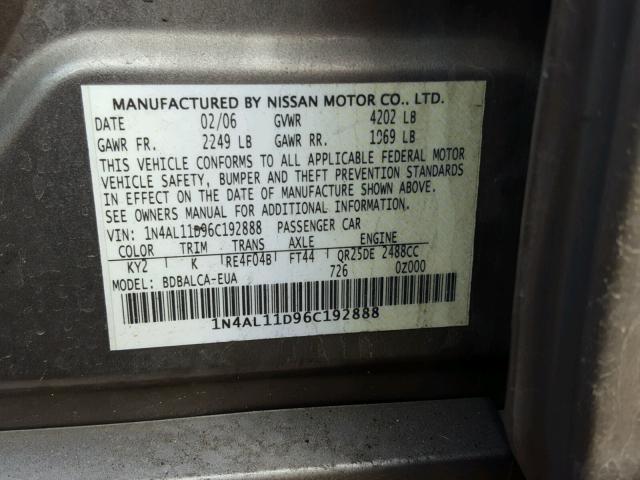 1N4AL11D96C192888 - 2006 NISSAN ALTIMA S BEIGE photo 10