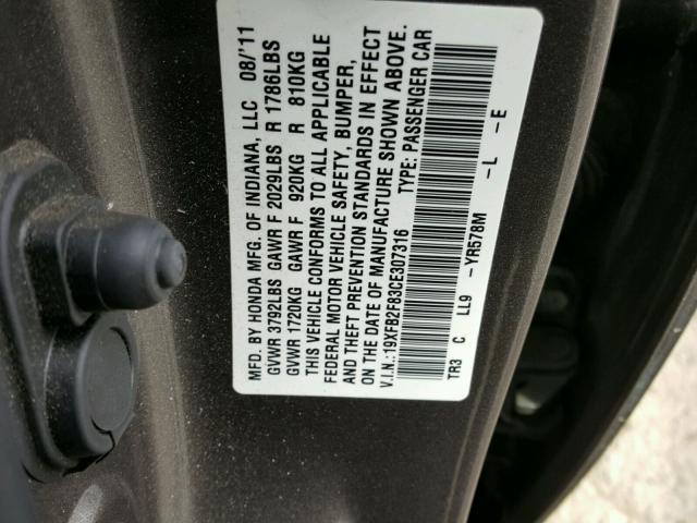 19XFB2F83CE307316 - 2012 HONDA CIVIC EX GRAY photo 10