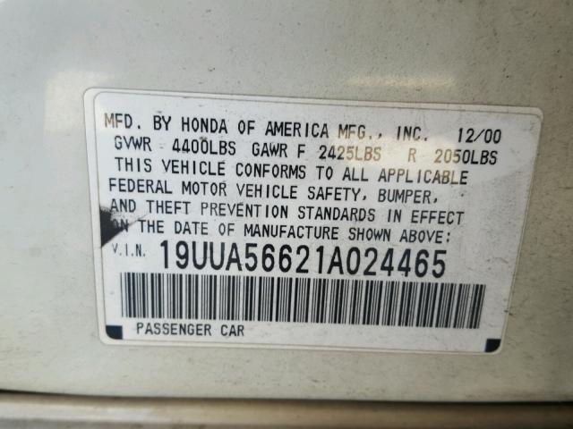 19UUA56621A024465 - 2001 ACURA 3.2TL WHITE photo 10