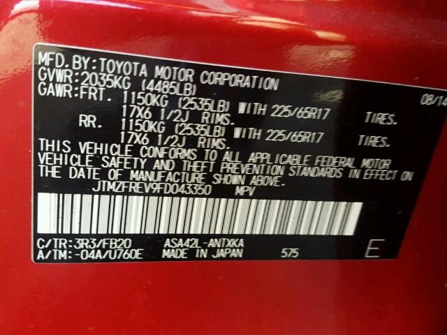 JTMZFREV9FD043350 - 2015 TOYOTA RAV4 LE RED photo 10