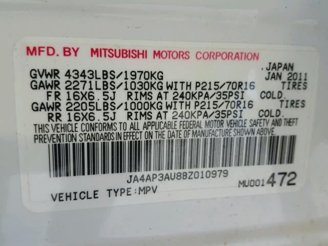 JA4AP3AU8BZ010979 - 2011 MITSUBISHI OUTLANDER WHITE photo 10