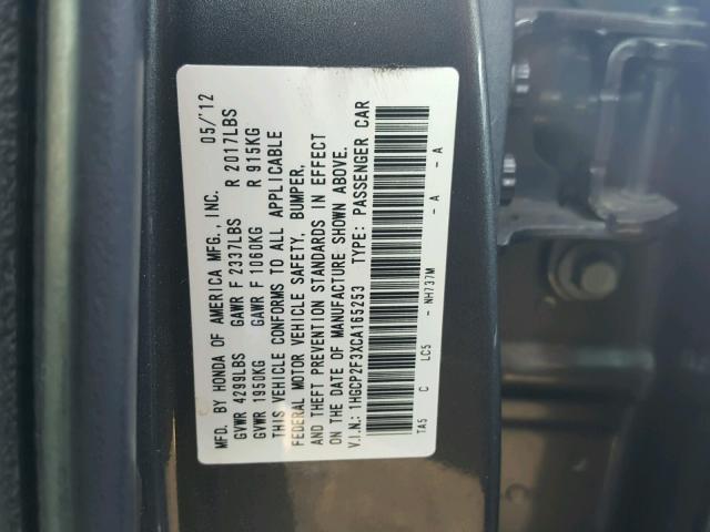 1HGCP2F3XCA165253 - 2012 HONDA ACCORD LX GRAY photo 10