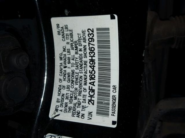 2HGFA16549H367932 - 2009 HONDA CIVIC LX BLACK photo 10