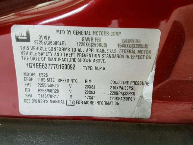 1GYEE637770160092 - 2007 CADILLAC SRX RED photo 10