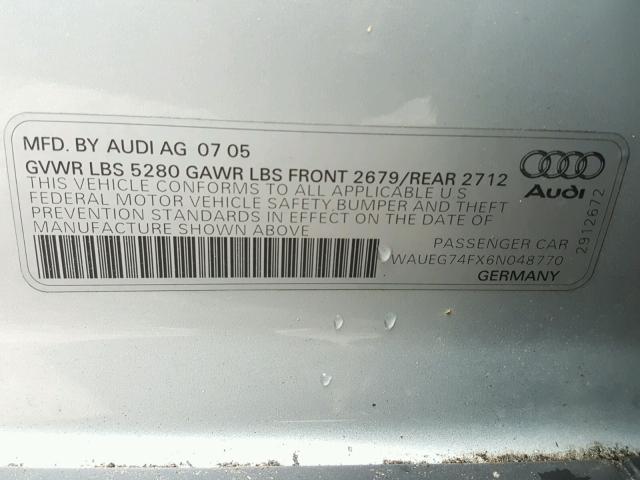 WAUEG74FX6N048770 - 2006 AUDI A6 S-LINE SILVER photo 10