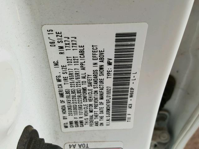 5J6RM3H76FL019927 - 2015 HONDA CR-V EXL WHITE photo 10