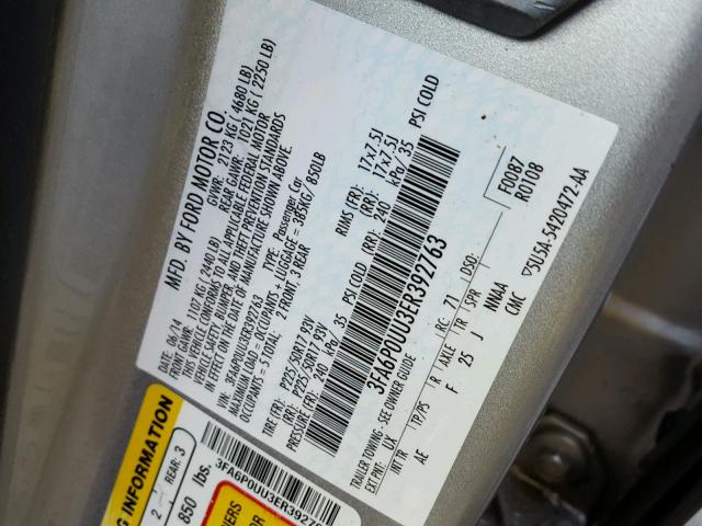 3FA6P0UU3ER392763 - 2014 FORD FUSION S H SILVER photo 10