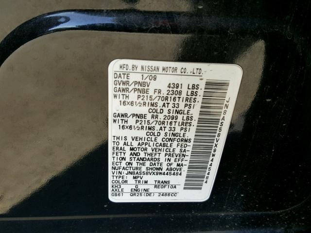 JN8AS58VX9W445484 - 2009 NISSAN ROGUE S BLACK photo 10