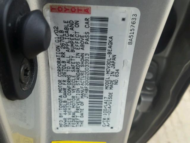 JTHBF30G020033913 - 2002 LEXUS ES 300 GRAY photo 10