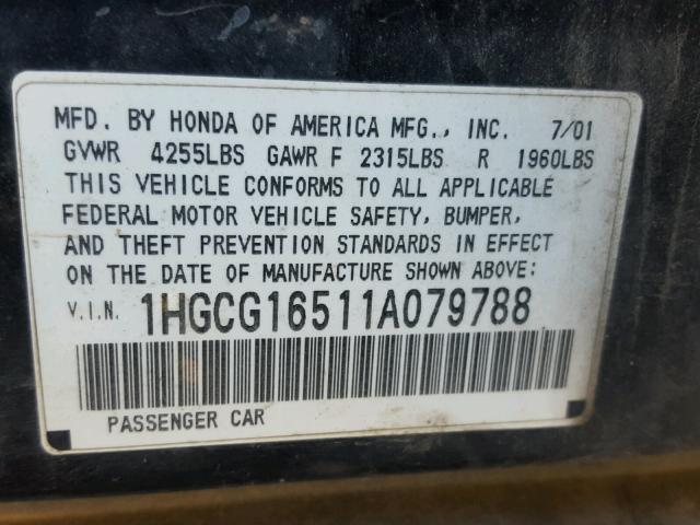 1HGCG16511A079788 - 2001 HONDA ACCORD EX BLACK photo 10