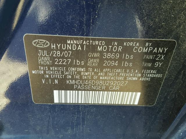 KMHDU46D98U292027 - 2008 HYUNDAI ELANTRA GL BLUE photo 10