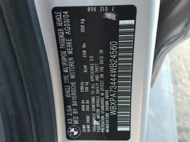 WBXPA73444WB24560 - 2004 BMW X3 2.5I SILVER photo 10