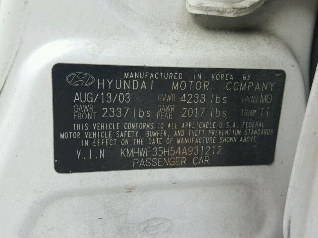 KMHWF35H54A931212 - 2004 HYUNDAI SONATA GLS WHITE photo 10