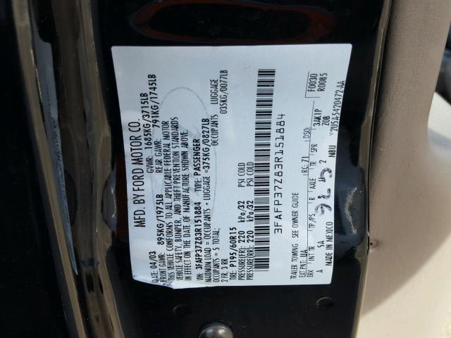 3FAFP37Z83R151884 - 2003 FORD FOCUS ZX5 BLACK photo 10