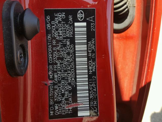 JTDKB20U267537826 - 2006 TOYOTA PRIUS RED photo 10