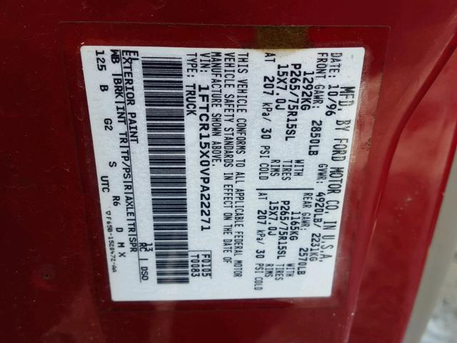 1FTCR15X0VPA22271 - 1997 FORD RANGER SUP RED photo 10