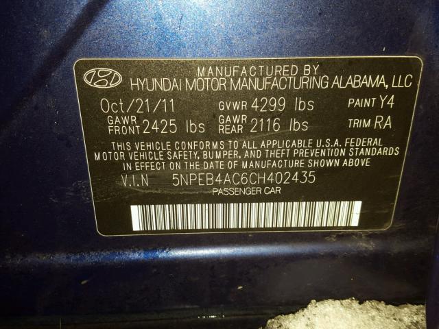 5NPEB4AC6CH402435 - 2012 HYUNDAI SONATA GLS BLUE photo 10