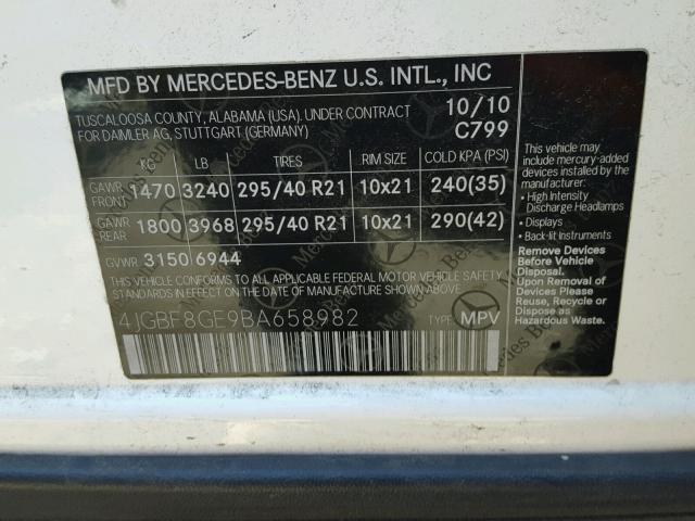 4JGBF8GE9BA658982 - 2011 MERCEDES-BENZ GL 550 4MA WHITE photo 10