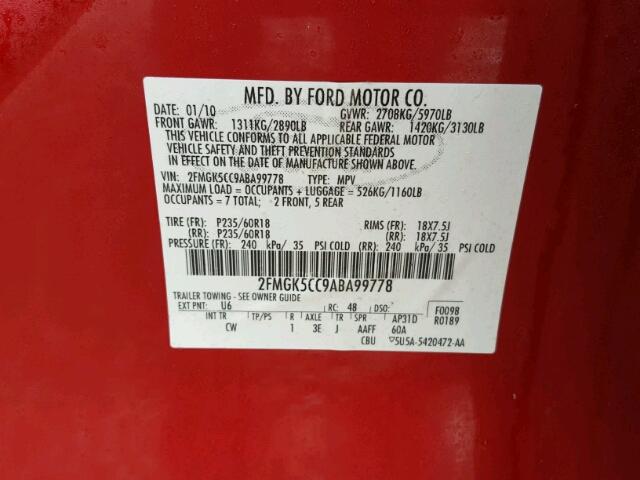 2FMGK5CC9ABA99778 - 2010 FORD FLEX SEL წითელი ფოტო 10