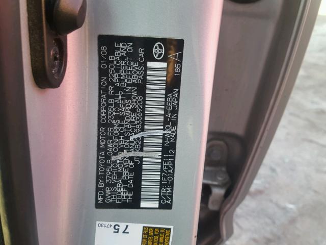 JTDKB20U983369208 - 2008 TOYOTA PRIUS SILVER photo 10