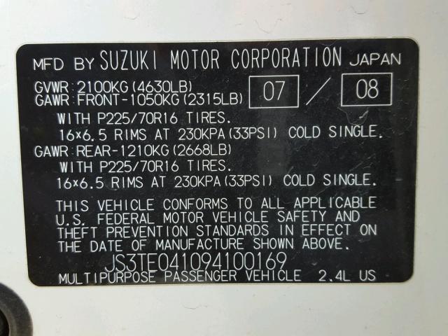 JS3TE041094100169 - 2009 SUZUKI GRAND VITA WHITE photo 10