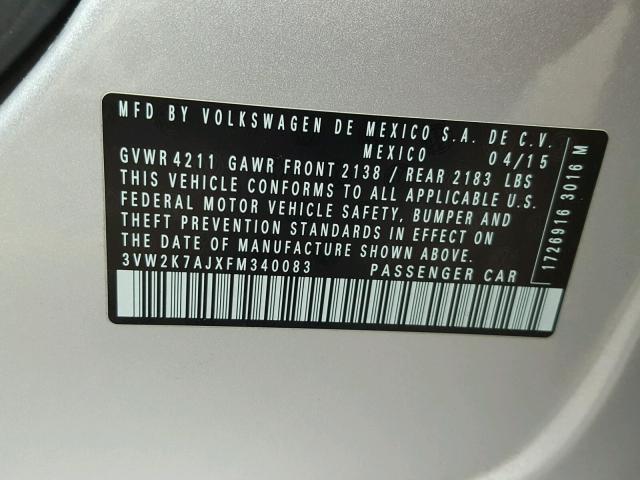 3VW2K7AJXFM340083 - 2015 VOLKSWAGEN JETTA BASE 银色 照片 10