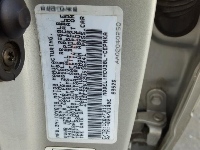 4T1BF32K12U535241 - 2002 TOYOTA CAMRY LE SILVER photo 10