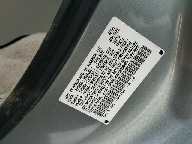 5FNRL38425B098433 - 2005 HONDA ODYSSEY EX GRAY photo 10