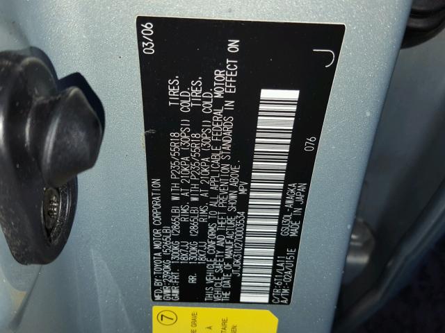 JTJGK31U270003534 - 2007 LEXUS RX 350 SILVER photo 10