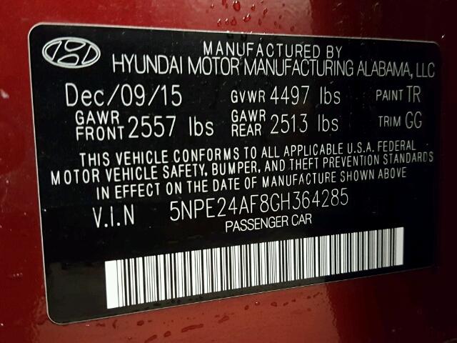 5NPE24AF8GH364285 - 2016 HYUNDAI SONATA SE RED photo 10