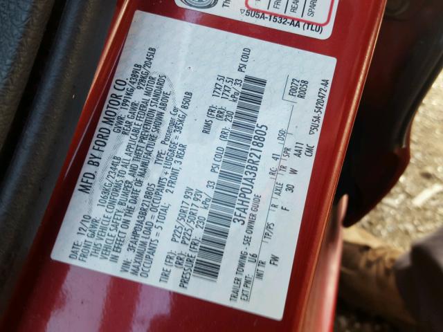 3FAHP0JA3BR218805 - 2011 FORD FUSION SEL RED photo 10