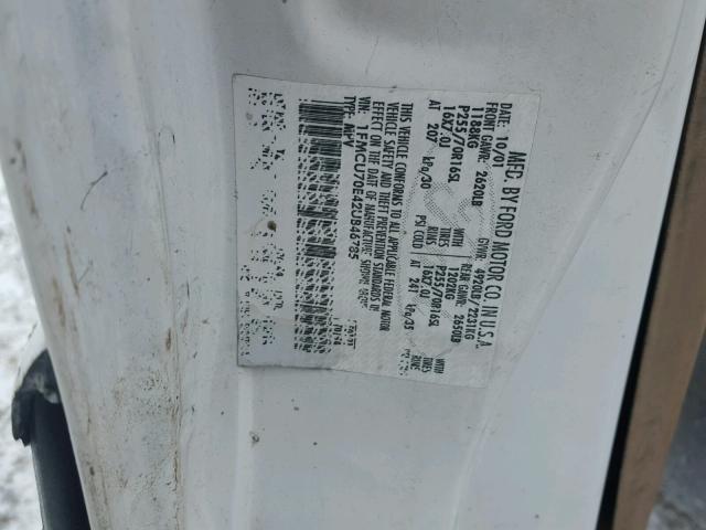 1FMCU70E42UB46785 - 2002 FORD EXPLORER S WHITE photo 10