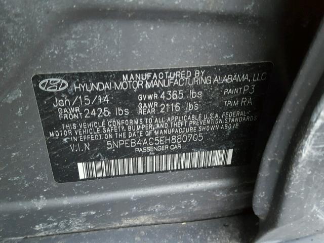 5NPEB4AC5EH880705 - 2014 HYUNDAI SONATA GLS GRAY photo 10