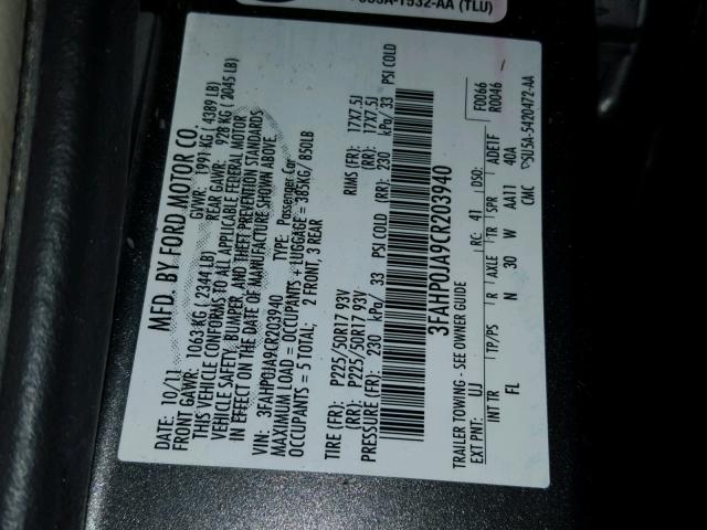 3FAHP0JA9CR203940 - 2012 FORD FUSION SEL GRAY photo 10